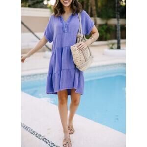 UMGEE Periwinkle Mineral Wash Double Crinkle Gauze Tiered Dress 1XL Boho Beach